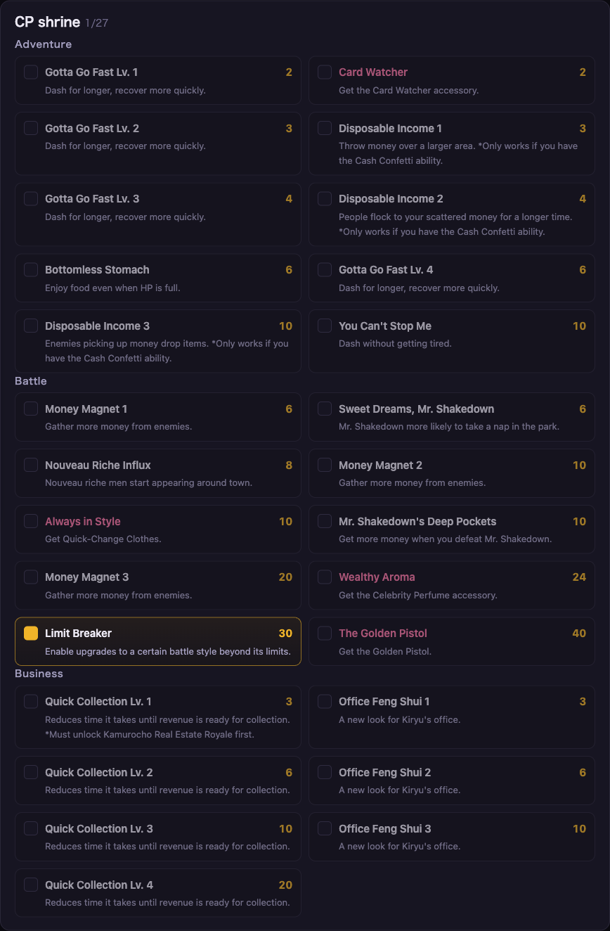 Build creator with a sealed Dragon of Dojima ability picked and Limit Breaker added from the CP shrine